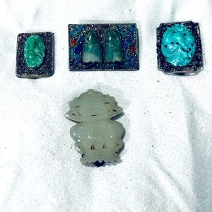Antique Silver Filigree and Hand Carved Jade Pins